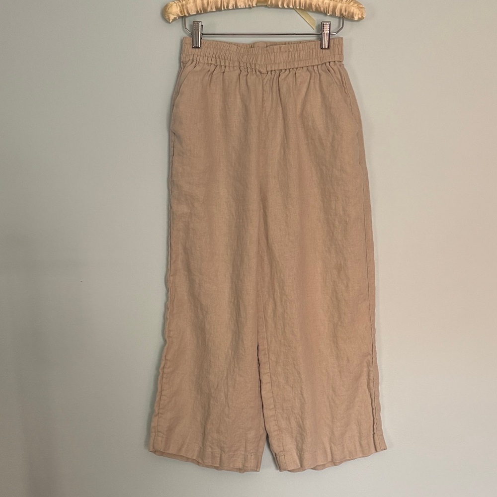 Tan Linen Wide-Leg Cropped Pants